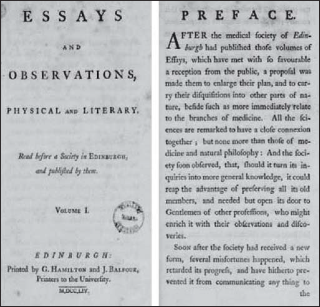 Essays and observations, physical and literary: Read before a society in Edinburgh, and published by them. Volume 1, 1754.