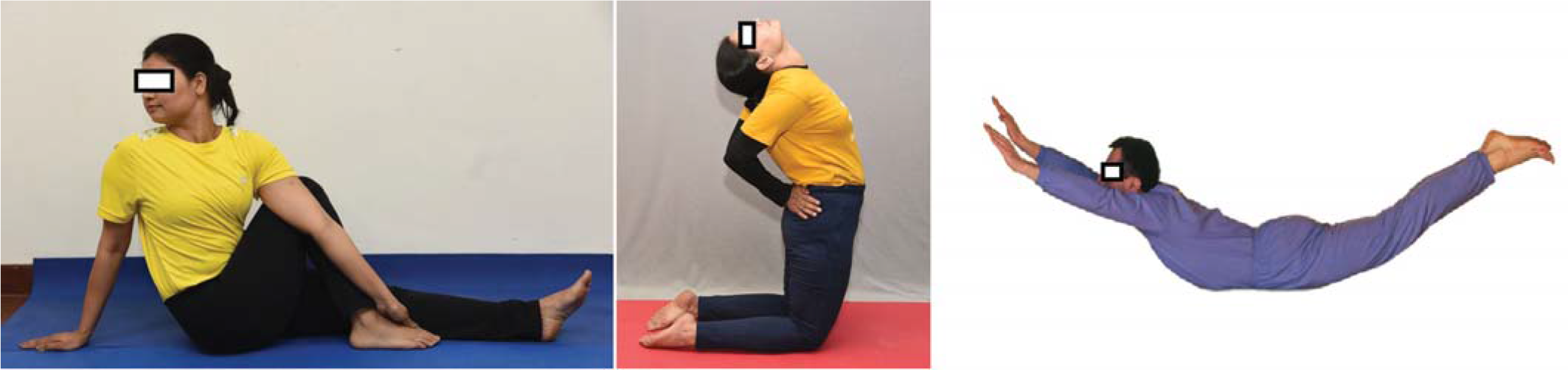 Photographs of yoga Asana(s) for improving back pain, increasing general awareness and mental function