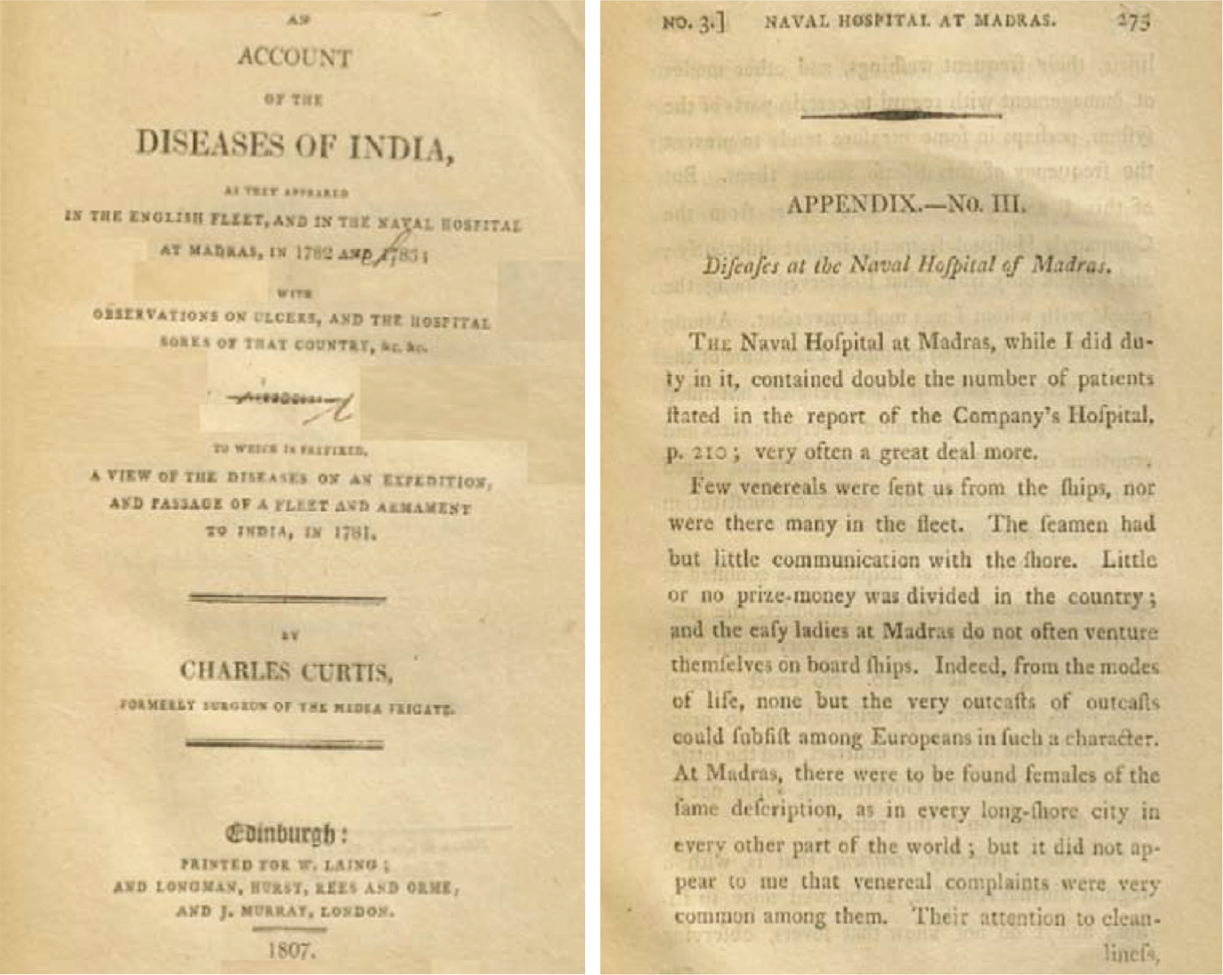 (Left) Cover page of Charles Clark’s volume (1807); (right) Clark’s description of the Diseases at the Naval Hospital of Madras (pp. 273–5)