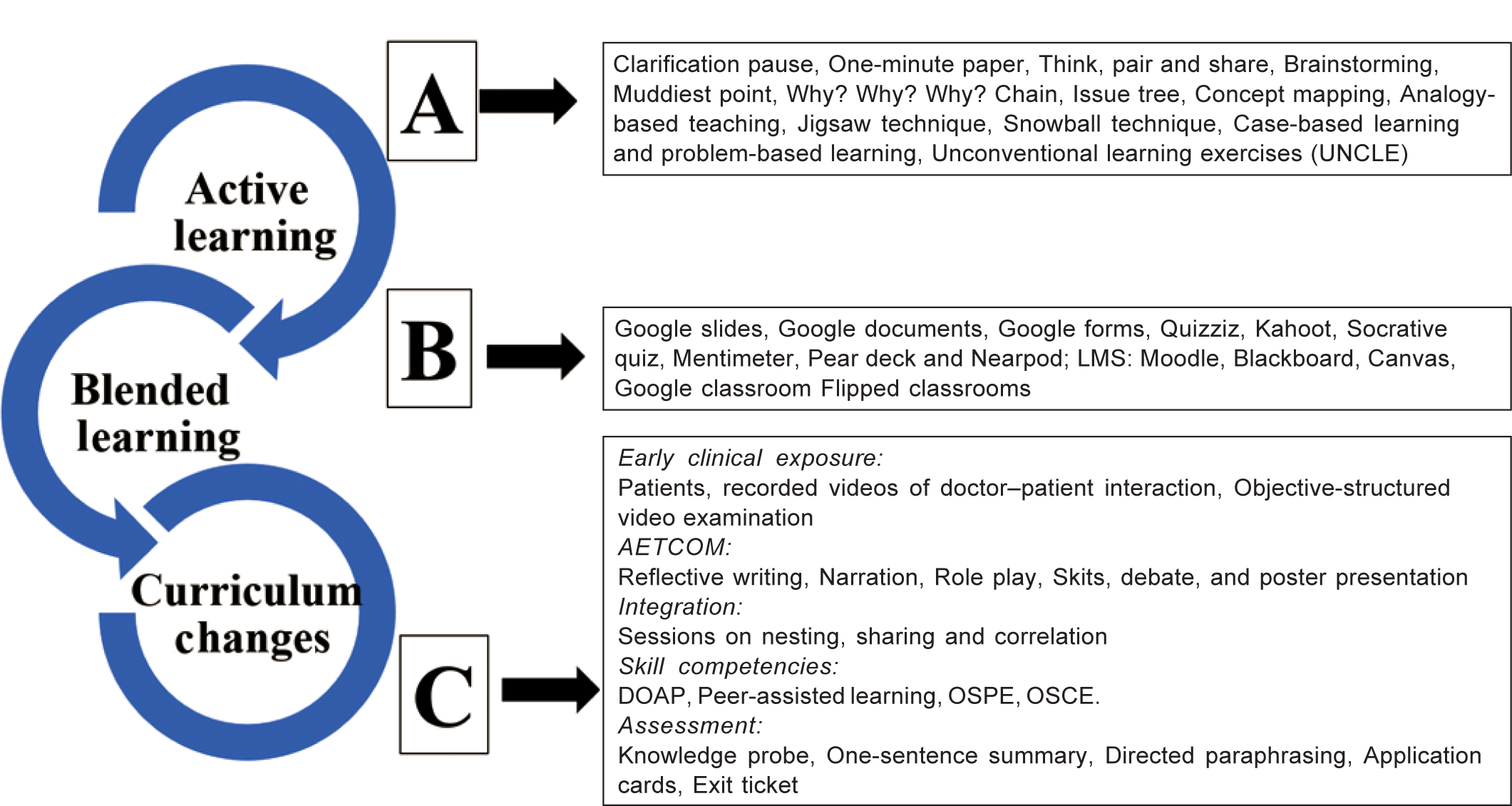Active learning strategies, blended learning and curriculum changes for improved teaching–learning in medical education DOAP demonstrate, observe, assist, perform OSPE objective-structured practical examination OSCE objective-structured clinical exmination