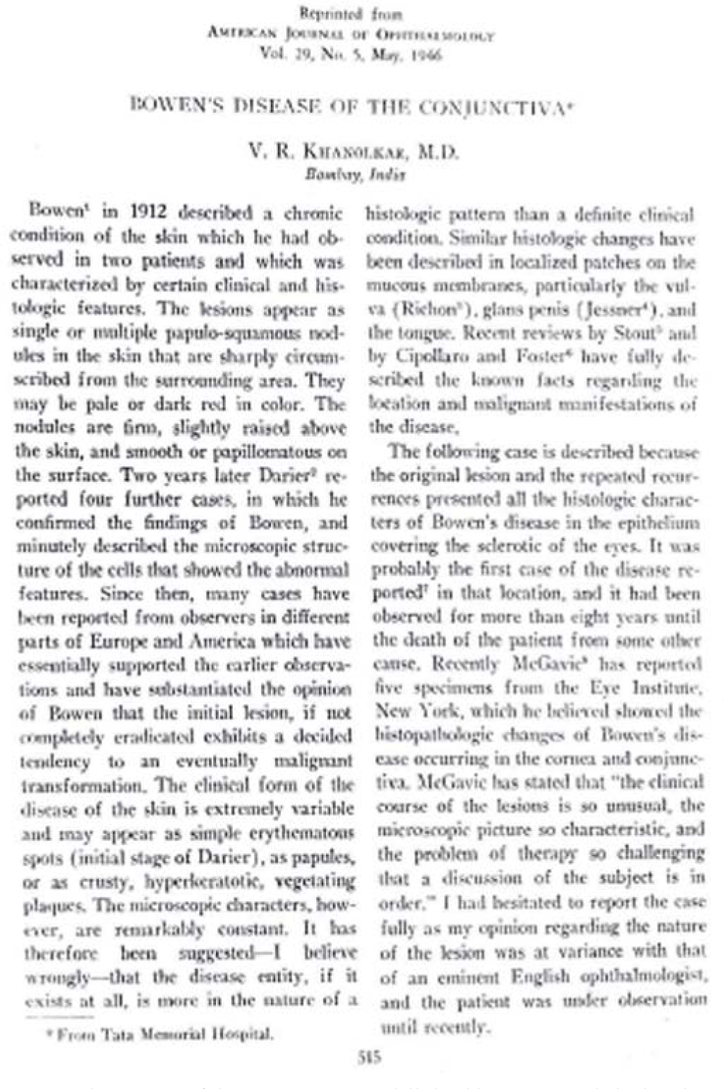 First page of the case report published in Am J Ophthalmology