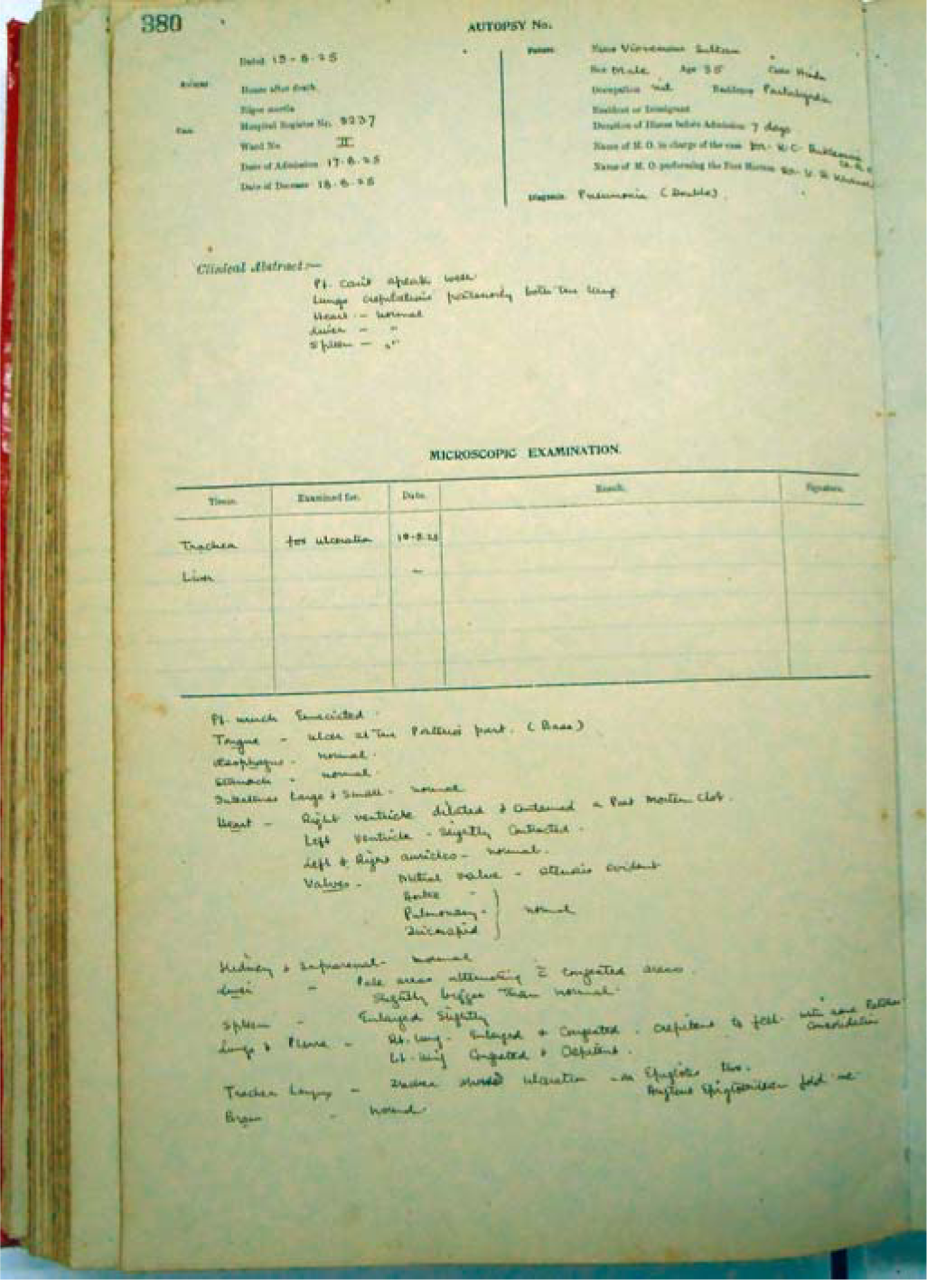 One of the autopsy register entries for an autopsy performed by V.R. Khanolkar in JJ Hospital