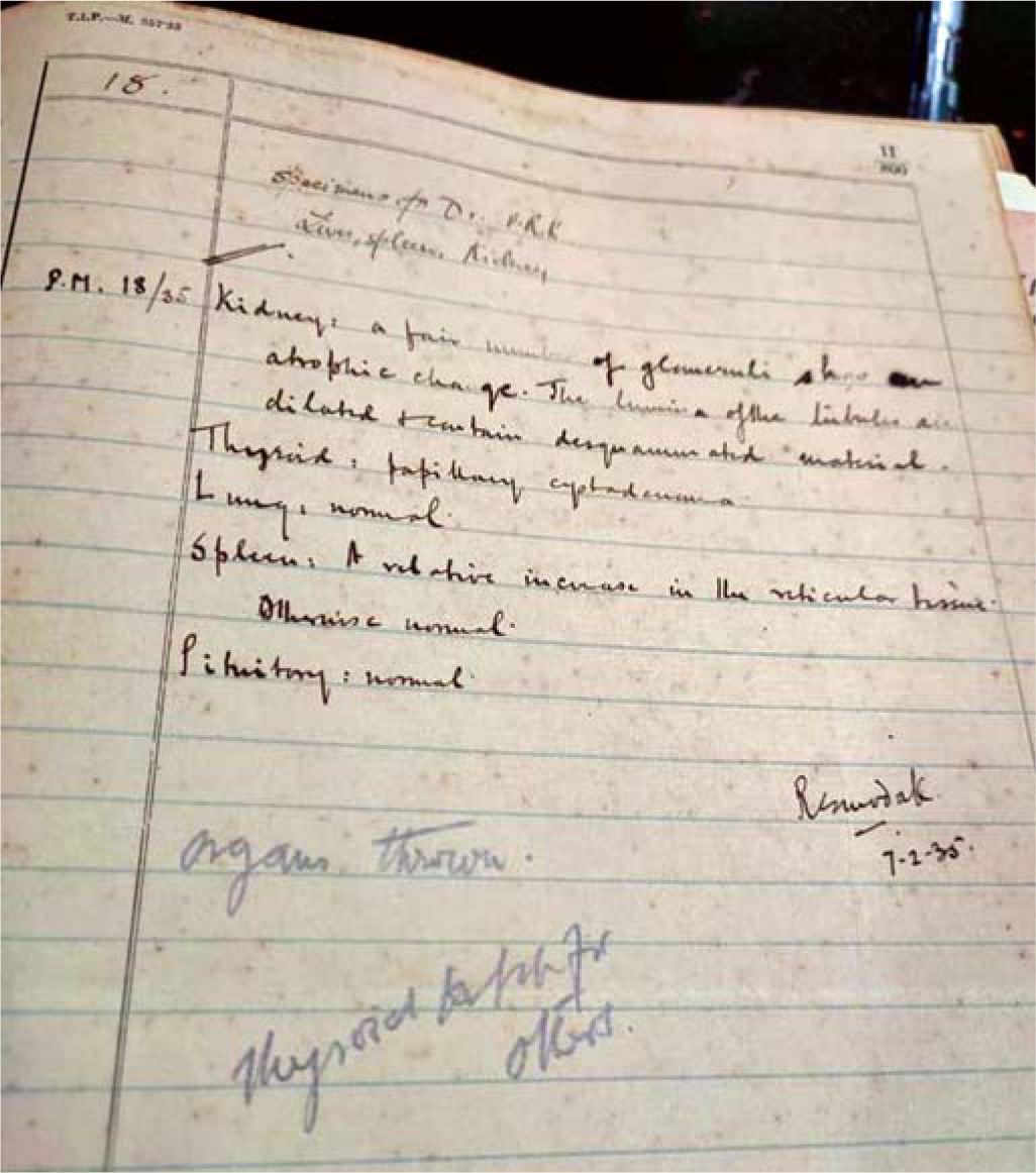 ‘Specimens for VRK’ is written at the top of the page in this autopsy record from KEM hospital