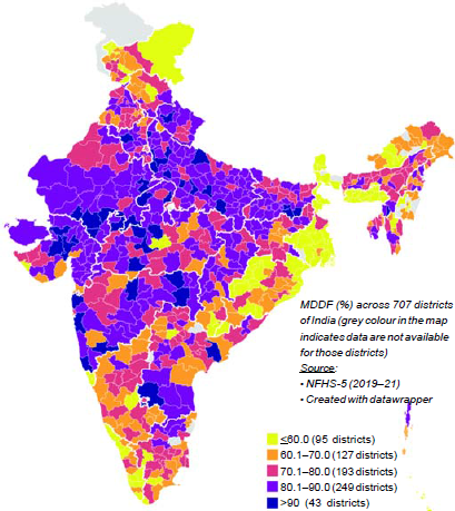 Prevalence (%) of minimum diet diversity failure (MDDF) among children aged 6–23 months across districts of India, National Family Health Survey (NFHS)-5, 2019–21